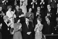 Lenny Skutnik, who jumped into the Potomac River to save one of the passengers aboard an Air Florida jetliner that had crashed there on January 13, 1982, receives applause during Ronald Reagan's State of the Union address on Jan. 27, 1982.