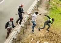 A police officer sprays tear gas to migrants trying to access the Channel Tunnel on the A16 highway on June 23, 2015 in Calais, northern France. AFP PHOTO PHILIPPE HUGUEN