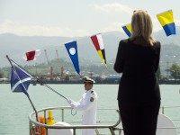 Hillary Clinton on ship (Saul Loeb / AFP / Getty)