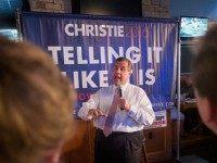 Republican presidential candidate New Jersey Governor Chris Christie speaks to guests gathered for a campaign event at Jersey Grille on July 24, 2015 in Davenport, Iowa. A recent poll had Christie trailing most of his Republican rivals in Iowa. Christie is hoping to gain support in the state with several campaign stops scheduled over this weekend. (Photo by S