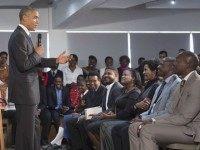 Obama speaks during an event with representatives of Civil Society organizations at the Young African Leaders Initiative (YALI) Regional Leadership Center in Nairobi on July 26, 2015. Obama urged Kenya to renounce corruption and tribalism, delivering a rousing speech at the end of a landmark visit to the East African nation and birthplace of his father. AFP PHOTO / SAUL LOEB (Photo credit should read
