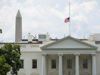 A flag atop White House flies at half-staff in honor of Beau Biden, on June 6, 2015, in Washington, DC. President Obama is traveling to Wilmington, Delaware to deliver a eulogy for Beau Biden the son of Vice President Joe Biden after he died at 46 following a two-year battle with brain cancer. (Photo by