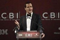 Britain's Chancellor of the Exchequer, George Osborne, delivers a keynote address at a dinner held by the CBI in central London