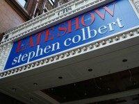 A general view of the 'The Late Show With Stephen Colbert' marquee under construction on August 14, 2015 in New York City.