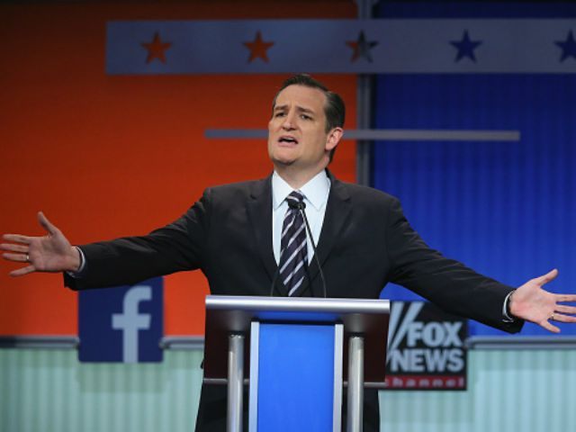Republican presidential candidate Sen. Ted Cruz (R-TX) fields a question during the first Republican presidential debate hosted by Fox News and Facebook at the Quicken Loans Arena on August 6, 2015 in Cleveland, Ohio. The top ten GOP candidates were selected to participate in the debate based on their rank in an average of the five most recent political polls.