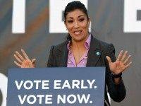 Democratic candidate for lieutenant governor and current Nevada Assemblywoman Lucy Flores (D-Las Vegas) speaks at a get-out-the-vote rally at the Springs Preserve on October 28, 2014 in Las Vegas, Nevada. Former U.S. President Bill Clinton spoke at the event while stumping for Nevada Democrats one week before the November 4th election. (Photo by