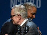 U.S. Senate Minority Leader Harry Reid (D-NV) (L) embraces U.S. President Barack Obama as Reid introduces him for a keynote address at the National Clean Energy Summit 8.0 at the Mandalay Bay Convention Center on August 24, 2015 in Las Vegas, Nevada. Political and economic leaders are attending the summit to discuss a domestic policy agenda to advance alternative energy for the country's future. (Photo by)