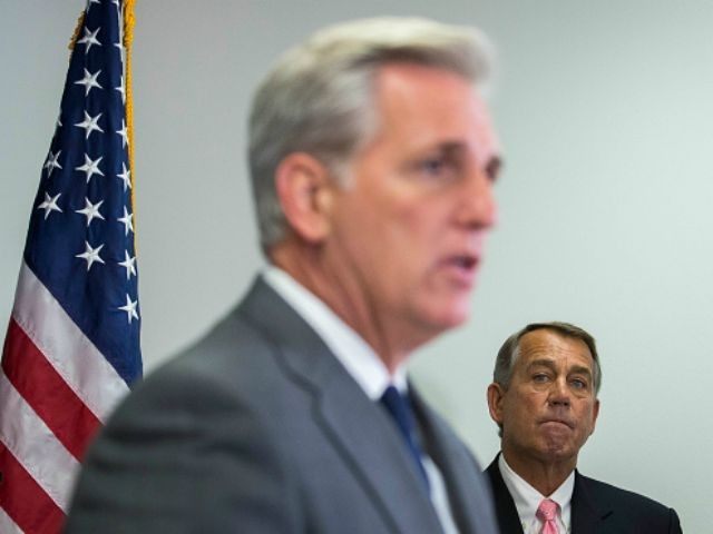 House Majority Leader Kevin McCarthy (R-CA) (L) speaks as Speaker of the House John Boehner (R-OH) looks on during a press conference after a closed meeting with fellow Republicans, on Capitol Hill, July 28, 2015 in Washington, DC. The House plans to move on Wednesday to extend highway and transit programs for three months.