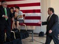 New Jersey Governor and Republican presidential hopeful Chris Christie arrives at Chabad House at Rutgers University to express his opposition to President Obama's Iran deal on August 25, 2015 in New Brunswick, New Jersey. Christie also encouraged U.S. Senator Cory Booker (D-NJ) to oppose the deal. (Photo by