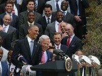 U.S. President Barack Obama (C) shares a laugh with owner Robert Kraft (R) during an event to honor the National Football League Super Bowl champion New England Patriots at the White House April 23, 2015 in Washington, DC. President Obama honored the Super bowl XLIX champion Patriots who defeated the Seattle Seahawks 33-27 in overtime.