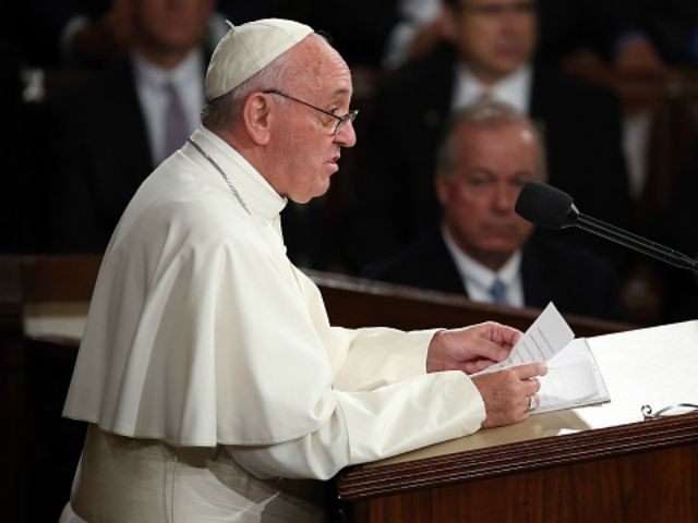 Pope Francis addresses a joint meeting of the U.S. Congress in the House Chamber of the U.S. Capitol on September 24, 2015 in Washington, DC. Pope Francis is the first pope to address a joint meeting of Congress and will finish his tour of Washington later today before traveling to New York City.