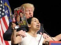 Republican presidential candidate Donald Trump invites Myriam Witcher 35 on the stage during a campaign rally at the Treasure Island Hotel & Casino on October 8, 2015 in Las Vegas, Nevada