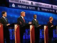 Presidential candidates Donald Trump (2nd L) speaks while Sen. Marco Rubio (L-R) (R-FL), Ben Carson, Carly Fiorina, Sen. Ted Cruz (R-TX) look on during the CNBC Republican Presidential Debate at University of Colorados Coors Events Center October 28, 2015 in Boulder, Colorado. Fourteen Republican presidential candidates are participating in the third set of Republican presidential debates. (Photo by )