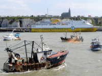 French fishermen, angry at high fuel costs, block on May 19, 2008, access to the northern port of Dieppe, stepping up ahead of talks with the government this week.