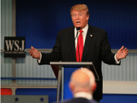 Presidential candidate Donald Trump during the Republican Presidential Debate sponsored by Fox Business and the Wall Street Journal at the Milwaukee Theatre November 10, 2015 in Milwaukee, Wisconsin. The fourth Republican debate is held in two parts, one main debate for the top eight candidates, and another for four other candidates lower in the current polls. (Photo by