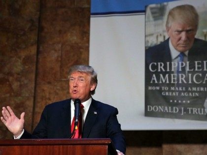 Republican presidential candidate Donald Trump speaks at a news conference before a public signing for his new book 'Crippled America: How to Make America Great Again,' at the Trump Tower Atrium on November 3, 2015 in New York City. According to a new poll, Ben Carson, the retired neurosurgeon, has pulled ahead of Trump with 29% of Republican primary voters.