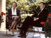 This 17 July, 1987 file photo shows former US President Ronald Reagan and former British Prime Minister Margaret Thatcher as they pose for photographers on the patio outside the Oval Office, Washington,DC.
