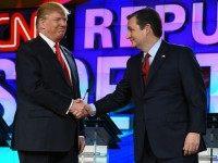 epublican presidential candidates Donald Trump (L) and Sen. Ted Cruz (R-TX) shake hands as they are introduced during the CNN presidential debate at The Venetian Las Vegas on December 15, 2015 in Las Vegas, Nevada. Thirteen Republican presidential candidates are participating in the fifth set of Republican presidential debates. (Photo by