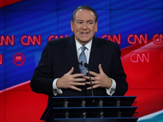 Republican presidential candidate Mike Huckabee speaks during the CNN Republican presidential debate on December 15, 2015 in Las Vegas, Nevada. This is the last GOP debate of the year, with U.S. Sen. Ted Cruz (R-TX) gaining in the polls in Iowa and other early voting states and Donald Trump rising in national polls. (Photo by )