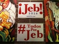 Campaign posters are seen on the walls as Republican presidential candidate and former Florida Governor Jeb Bush holds a meet and greet event at Chico's Restaurant on December 28, 2015 in Hialeah, Florida. Bush continues to campaign for his parties' nomination as the presidential candidate. (Photo by )