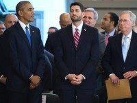 Speaker of the House Paul Ryan,R-WI, (C) talks with US President Barack Obama (L) as Senate Majority Leader Mitch McConnell ,R-KY,(R) looks on during a ceremony commemorating the 150th anniversary of the ratification fo the 13th Amenment, abolishing slavery, at the US Capitol in Washington, DC, December 9, 2015. AFP PHOTO / JIM WATSON / AFP / JIM WATSON (Photo credit should read