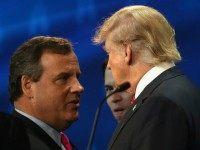 Presidential candidates Donald Trump (R) speaks with New Jersey Gov. Chris Christie during a break at the the CNBC Republican Presidential Debate at University of Colorados Coors Events Center October 28, 2015 in Boulder, Colorado. Fourteen Republican presidential candidates are participating in the third set of Republican presidential debates. (Photo by )