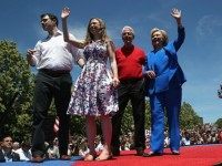 Democratic Presidential candidate Hillary Clinton stands with former President Bill Clinton, their daughter Chelsea Clinton and her husband Marc Mezvinsky after Hillary officially launched her presidential campaign at a rally on June 13, 2015 in New York City. The Democratic hopeful addressed supporters at the Franklin D. Roosevelt Four Freedoms Park on Roosevelt Island. (Photo by