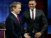 Republican presidential candidate, Sen. Rand Paul, R-Ky., left, talks with Trevor Noah after taping a segment of the "The Daily Show, with Trevor Noah," Wednesday, Jan. 13, 2016 in NYC.