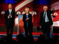 Democratic presidential candidate, former Maryland Gov. Martin O'Malley , left, Democratic presidential candidate, Hillary Clinton and Democratic presidential candidate, Sen. Bernie Sanders, I-Vt, stand together before the start of the NBC, YouTube Democratic presidential debate at the Gaillard Center, Sunday, Jan. 17, 2016, in Charleston, S.C. (