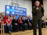 Democratic presidential candidate, former Secretary of State Hillary Clinton speaks during a 'get out the caucus' event at Berg Middle School on January 28, 2016 in Newton, Iowa. With less than a week to go before the Iowa caucuses, Hillary Clinton is campaigning throughout Iowa. (Photo by)