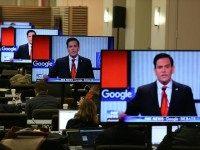 Republican Presidential candidate Sen. Sen. Marco Rubio (R-FL) is seen on television screens as reporters watch the Republican Presidential debate sponsored by Fox News and Google at the Iowa Events Center on January 28, 2016 in Des Moines, Iowa. The Democratic and Republican Iowa Caucuses, the first step in nominating a presidential candidate from each party, will take place on February 1. (Photo by