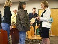 STRATHAM, NH - FEBRUARY 03: Republican presidential candidate Carly Fiorina greets people during a Timberland Town Hall at the Timberland Global Headquarters on February 3, 2016 in Stratham, New Hampshire. Democratic and Republican Presidential are stumping for votes throughout New Hampshire leading up to the Presidential Primary on February 9th. (Photo by )