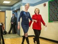 NORTH LIBERTY, IOWA - JANUARY 24: Democratic presidential candidate Hillary Clinton (R) arrives to speak at a campaign event with Cecile Richards (2nd R), president of Planned Parenthood, at Buford Garner Elementary School on January 24, 2016 in North Liberty, IA. The Democratic and Republican Iowa Caucuses, the first step in nominating a presidential candidate from each party, will take place on February 1. (Photo by Brendan Hoffman/Getty Images) *** Local Caption *** Hillary Clinton;Cecile Richards