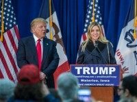WATERLOO, IA - FEBRUARY 1: Republican presidential candidate Donald Trump (L) is joined on stage by his wife Melania Trump, daughter Ivanka Trump, and son-in-law Jared Kushner (L-R) at a campaign rally at the Ramada Waterloo Hotel and Convention Center on February 1, 2016 in Waterloo, Iowa. The Democratic and Republican Iowa Caucuses, the first step in nominating a presidential candidate from each party, will take place on February 1. (Photo by ) *** Local Caption *** Donald Trump;Melania Trump;Ivanka Trump; Jared Kushner