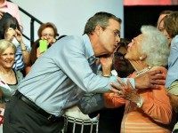 MIAMI, FL - JUNE 15:  Former Florida Governor Jeb Bush kisses his mother Barbara Bush as he is introduced to announce his candidacy for the Republican presidential nomination during an event at Miami-Dade College - Kendall Campus on June 15 , 2015 in Miami, Florida. Bush joins a list of Republican candidates to announce their plans on running against the Democrats for the White House.  (Photo by Joe Raedle/Getty Images)