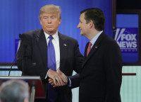 DETROIT, MI - MARCH 03:  Republican presidential candidates (Lto R) Donald Trump and Sen. Ted Cruz (R-TX) greet each following a debate sponsored by Fox News at the Fox theatre on March 3, 2016 in Detroit, Michigan. Voters in Michigan will go to the polls March 8 for the State's primary.  (Photo by Chip Somodevilla/Getty Images)