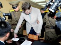 This picture taken by North Korea's official Korean Central News Agency on March 16, 2016 shows the trial of US student Otto Frederick Warmbier, who was arrested for committing hostile acts against North Korea, at the Supreme Court in Pyongyang