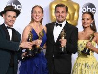 Mark Rylance, winner of the award for best actor in a supporting role for “Bridge of Spies," from left, Brie Larson, winner of the award for best actress in a leading role for “Room”, Leonardo DiCaprio, winner of the award for best actor in a leading role for “The Revenant”, and Alicia Vikander, winner of the award for best actress in a supporting role for “The Danish Girl” pose in the press room at the Oscars on Sunday, Feb. 28, 2016, at the Dolby Theatre in Los Angeles. (Photo by Jordan Strauss/Invision/AP)