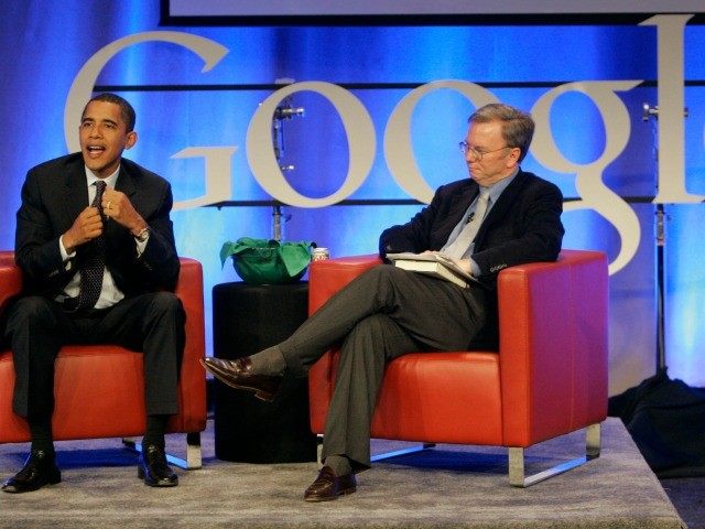 Democratic presidential hopeful Sen. Barack Obama, D-Ill., left, speaks with Google CEO Dr. Eric Schmidt at Google headquarters in Mountain View, Calif., Wednesday, Nov. 14, 2007.
