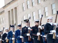 Honor guard arrive for an honor cordon with US Secretary of Defense Ashton Carter and Germany's Minister of Defense Ursula von der Leyen at the Pentagon March 8, 2016 in Washington, DC. / AFP / Brendan Smialowski        (Photo credit should read BRENDAN SMIALOWSKI/AFP/Getty Images)