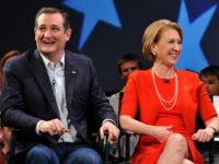 Republican presidential candidate Sen. Ted Cruz (R-TX) and former candidate Carly Fiorina (L) in a discussion with political commentator Sean Hannity during a campaign rally at Faith Assembly of God Church on March 11, 2016 in Orlando, Florida.