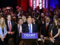 Republican presidential candidate Donald Trump speaks to supporters and the media with New Jersey Governor Chris Christie behind him at Trump Towers following the conclusion of primaries Tuesday in northeastern states on April 26, 2016 in New York, NY