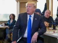 Republican presidential candidate Donald Trump waits to be interviewed by Fox News at a George Webb diner on April 5, 2016 in Wauwatosa, Wisconsin.
