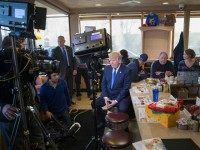 Republican presidential candidate Donald Trump is interviewed by Fox News at a George Webb diner on April 5, 2016 in Wauwatosa, Wisconsin.