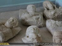 SYRIA, MANBIJ : An image made available by propaganda Islamist media outlet Welayat Halab on July 2, 2015 allegedly shows ancient artifacts smuggled from the Syrian city of Palmyra, a 2,000-year-old metropolis and an Unesco world heritage site located 215 kilometres northeast of Damascus, before they were destroyed by Islamic State (IS) group fighters in the town of Manbij, northeast of Syria's embattled northern town of Aleppo. AFP PHOTO / HO / WELAYAT HALAB