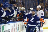 Tyler Johnson of the Tampa Bay Lightning celebrates his goal against the New York Islanders during game two of the Eastern Conference second round, on April 30, 2016 in Tampa