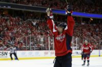 T.J. Oshie of the Washington Capitals celebrates after scoring the game winning goal against the Pittsburgh Penguins in Game One of the Eastern Conference Second Round