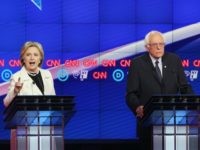 Democratic Presidential candidates Hillary Clinton and Sen. Bernie Sanders (D-VT) debate during the CNN Democratic Presidential Primary Debate at the Duggal Greenhouse in the Brooklyn Navy Yard on April 14, 2016 in New York City.