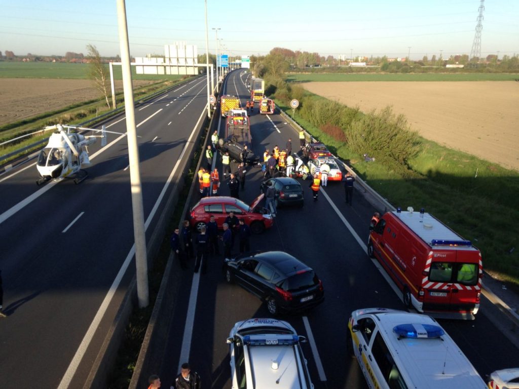 A general view taken on May 5, 2016 shows the site of an accident on the A16 motorway in Coudekerque, near Dunkerque, northern France. One person died and several were injured on early May 5 in three accidents which occurred on the A16 motorway near the French-Belgian border, including one involving a vehicle being persued by Belgian police. / AFP / LA VOIX DU NORD / Alexis Constant (Photo credit should read ALEXIS CONSTANT/AFP/Getty Images)