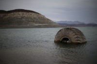 LAKE MEAD NRA, NV - MAY 13:  A tractor tire sits in the waters of Lake Mead near Boulder Beach on May 13, 2015 in Lake Mead National Recreation Area, Nevada. As severe drought grips parts of the Western United States, Lake Mead, which was once the largest reservoir in the nation, has seen its surface elevation drop below 1,080 feet above sea level, its lowest level since the construction of the Hoover Dam in the 1930s.  (Photo by Justin Sullivan/Getty Images)